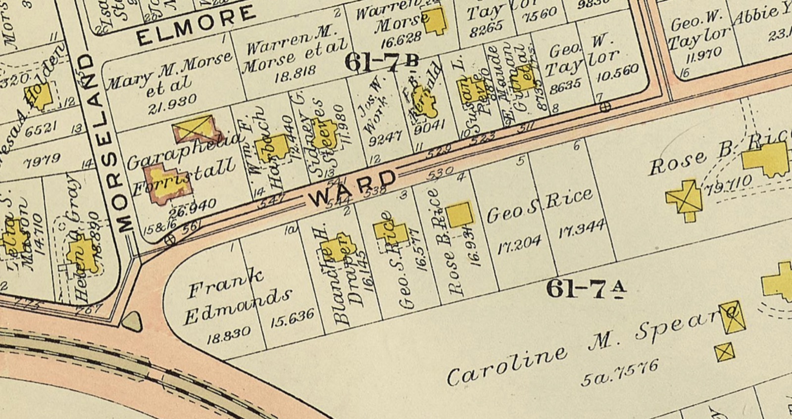 Early-1900s Newton atlas plate — Ward Street between Morseland Ave and Elmore St, showing Morse, Forristall, Rice and Speare holdings