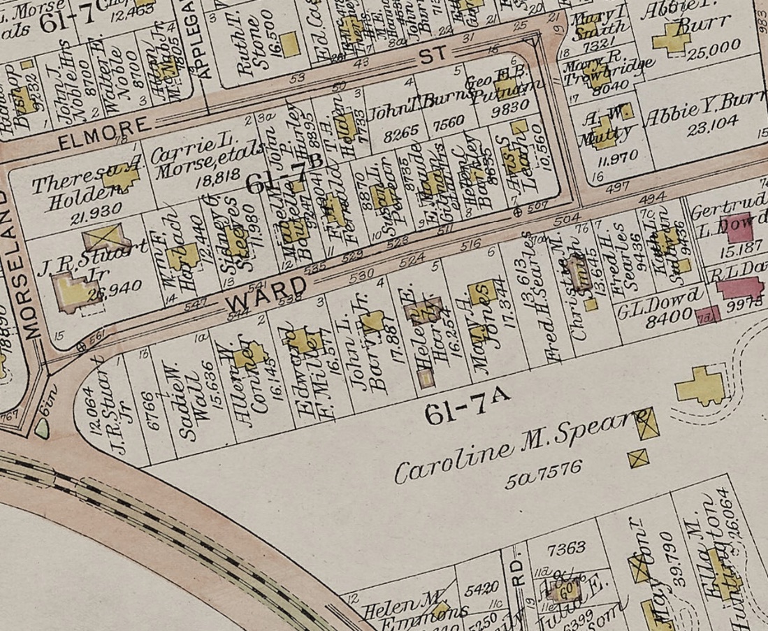 Later Newton atlas plate — the same blocks subdivided into house lots, showing the 16,254 sq ft Helen E. Hays parcel on Ward Street