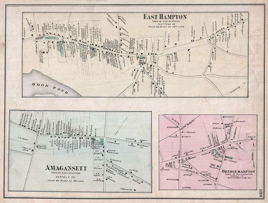 1873 Beers map of East Hampton showing Three Mile Harbor and Kingstown